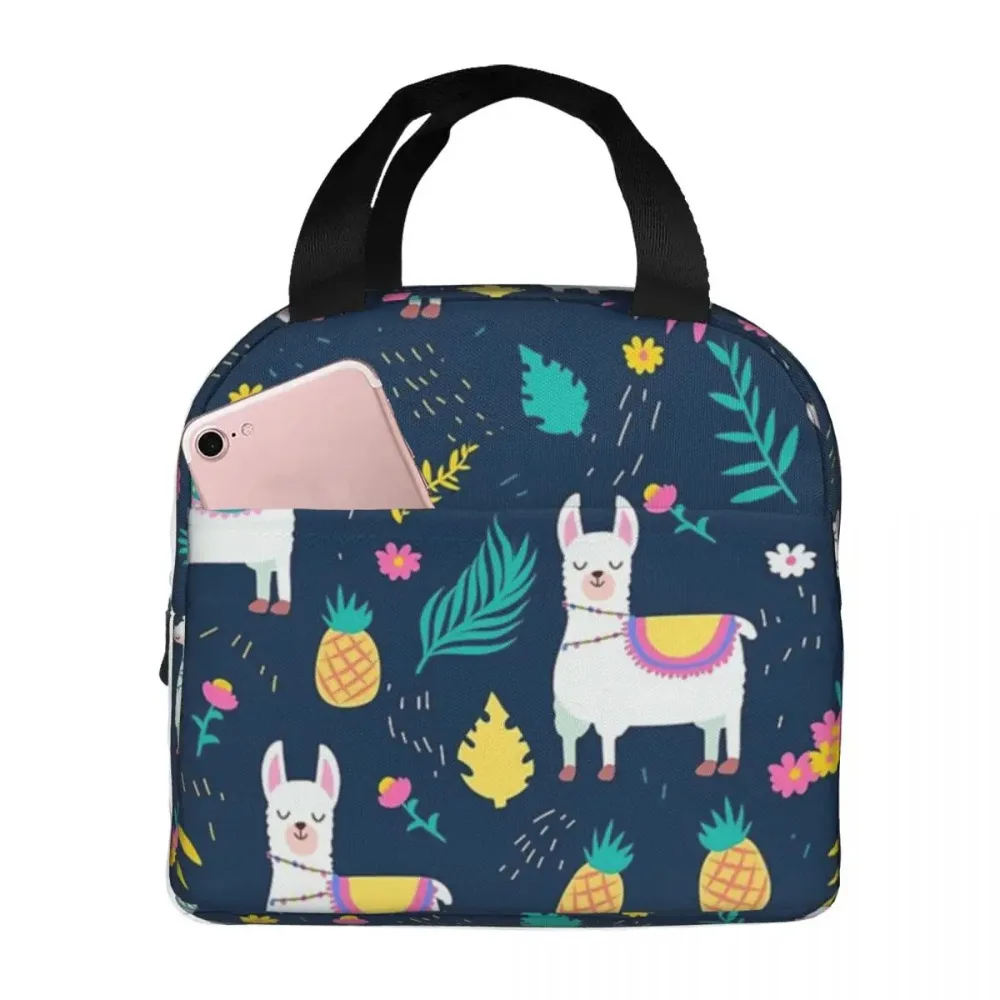 Cute Llama Pineapple Lunch Bag Portable Insulated Oxford Cooler Thermal Picnic Travel Lunch Box for Women Girl