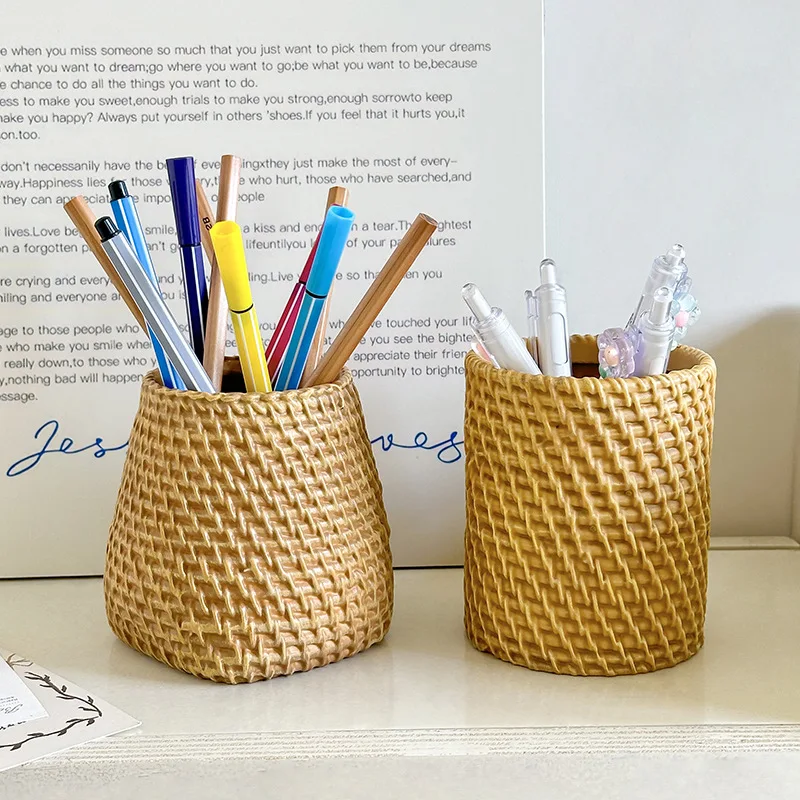 Imitation Rattan Woven Pen Holder Multi-functional Storage Basket Makeup Brush Storage Box Desk Organizer Office  Pen Holder