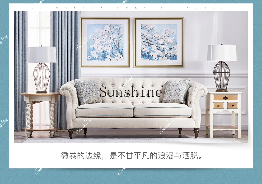 

Large and small apartment type American modern simple fabric three-person solid wood sofa FT