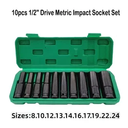 10pcs 1/2 Drive 8-24mm Metric Impact Socket Set Universal Socket Metric Deep Socket Set Wrench for Air Pneumatic Repair Tools