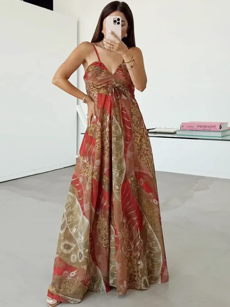 HXAO Print Slip Dress Womens Dresses Summer 2025 Boho Floral Sleeveless Backless Dress Sexy Ruffled Lace-Up V-Neck Maxi Vestidos