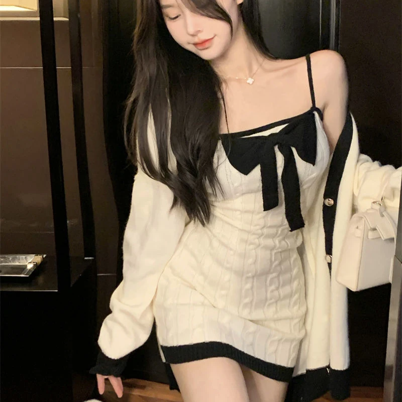 Women\'s Sweet Bow Design Knitted 2 Piece Set Dress, Long Sleeve Sweater, Korean Style, Sexy Club Party Dresses, Winter, New,2023