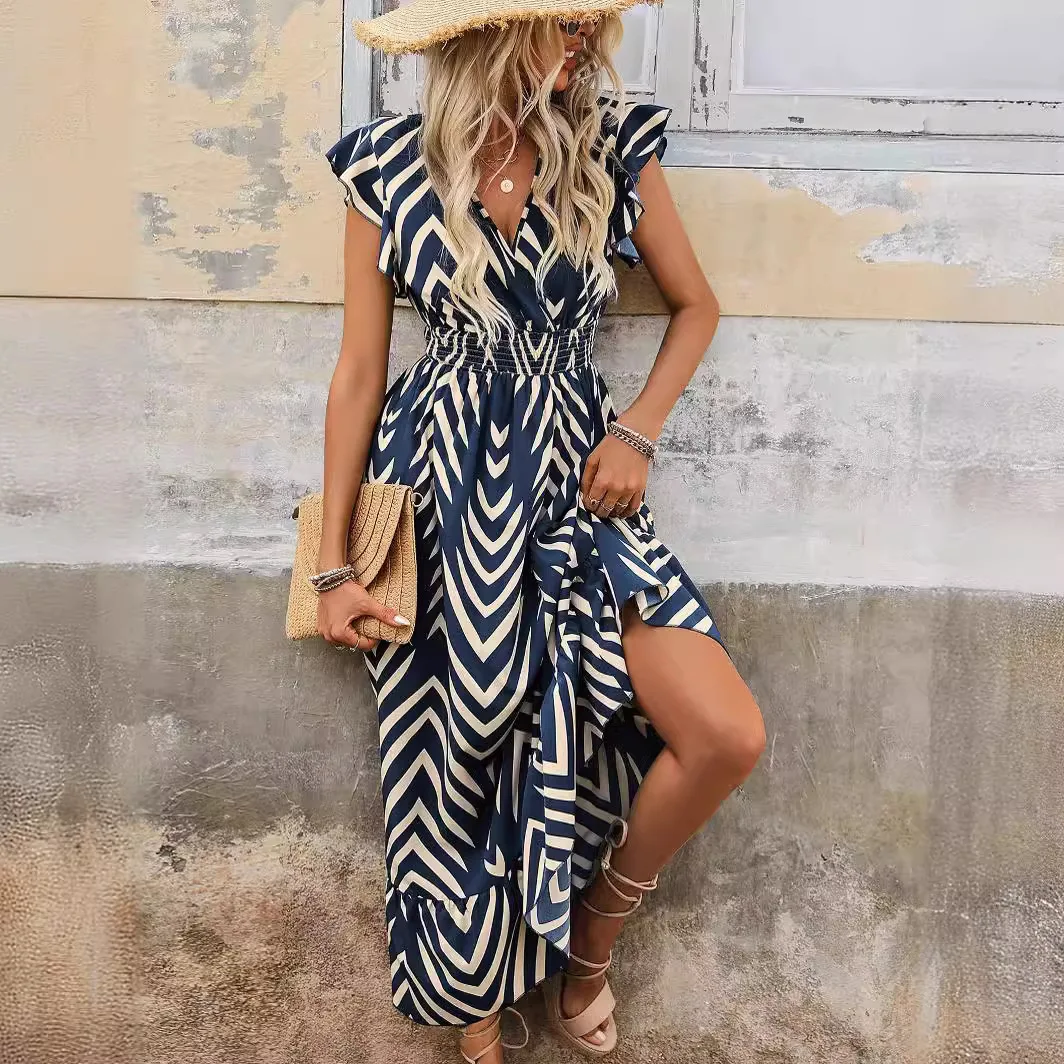 

2026 New Summer Women Elegant Printed Short Sleeve Dress Tie Waist Long Hem Casual Fashion Midi Dress
