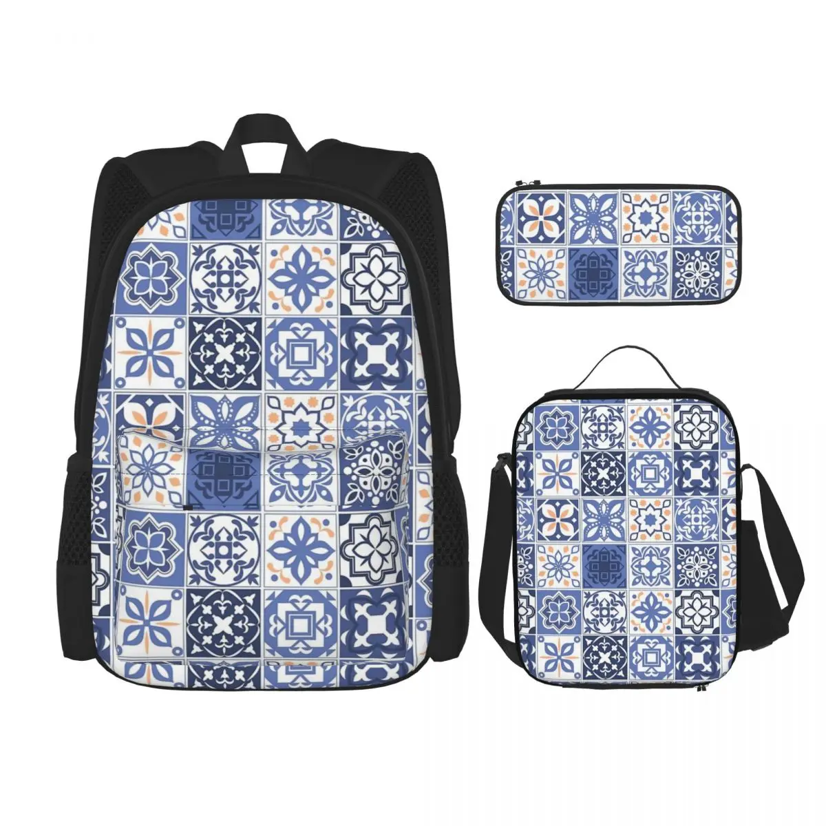

Blue Portuguese Tile Backpacks Children Bookbag School Bags Rucksack Lunch Bag Pen Bag Three-Piece Set