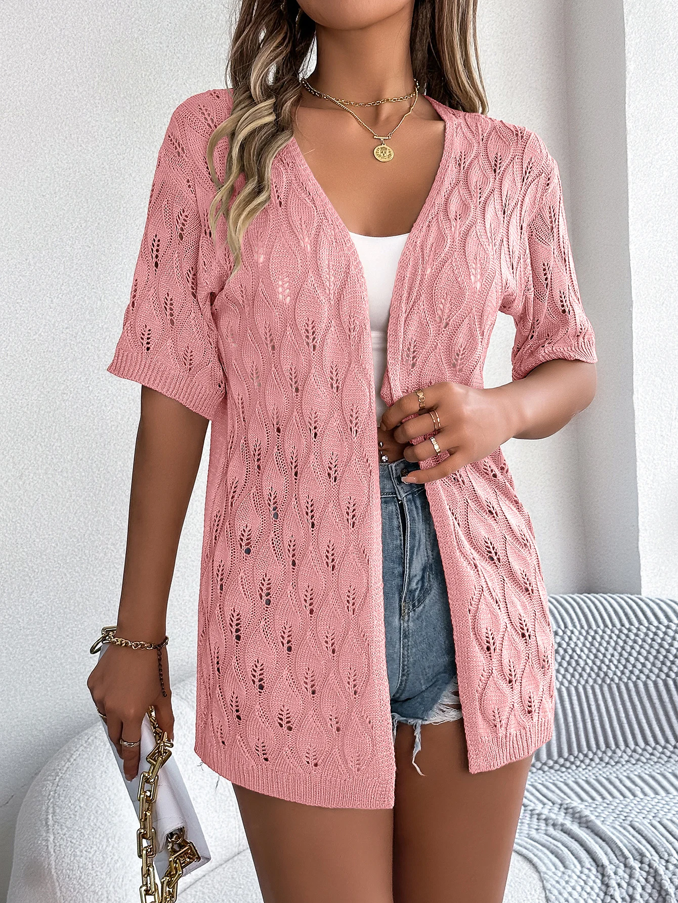 

Elegant Leaf Hollow Out Plain Knitted Cardigan for 2026 Spring Summer Casual Beach Sun proof Shirt Pink Valentine' Day Women Top