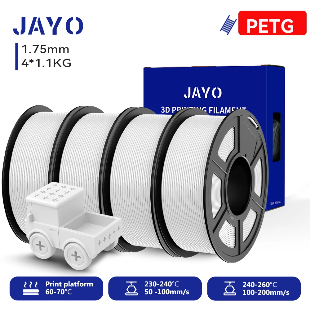 JAYO 4 Rollen 3D PETG/PETG klares Druckerfilament 1,75 mm, ordentlich gewickelt, ungiftige 3D-Druckmaterialien für 99 % FDM-3D-Drucker und -Stifte