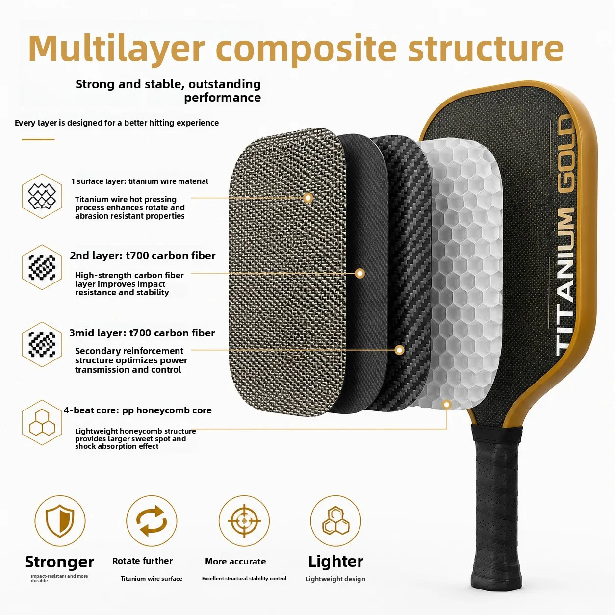 Hot-pressed One-piece Forming Titanium Wire Carbon Fiber Pickleball Rackets Carbon Fiber Cloth Pattern