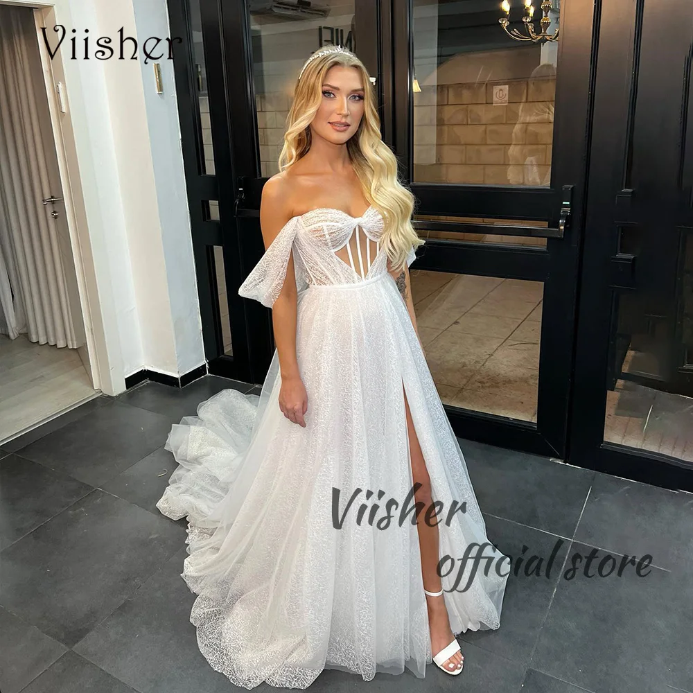 Viisher Boho Mermaid Wedding Dresses Tulle Corset Sweetheart Bride Dress Side Split Sexy Beach Wedding Bridal Gowns