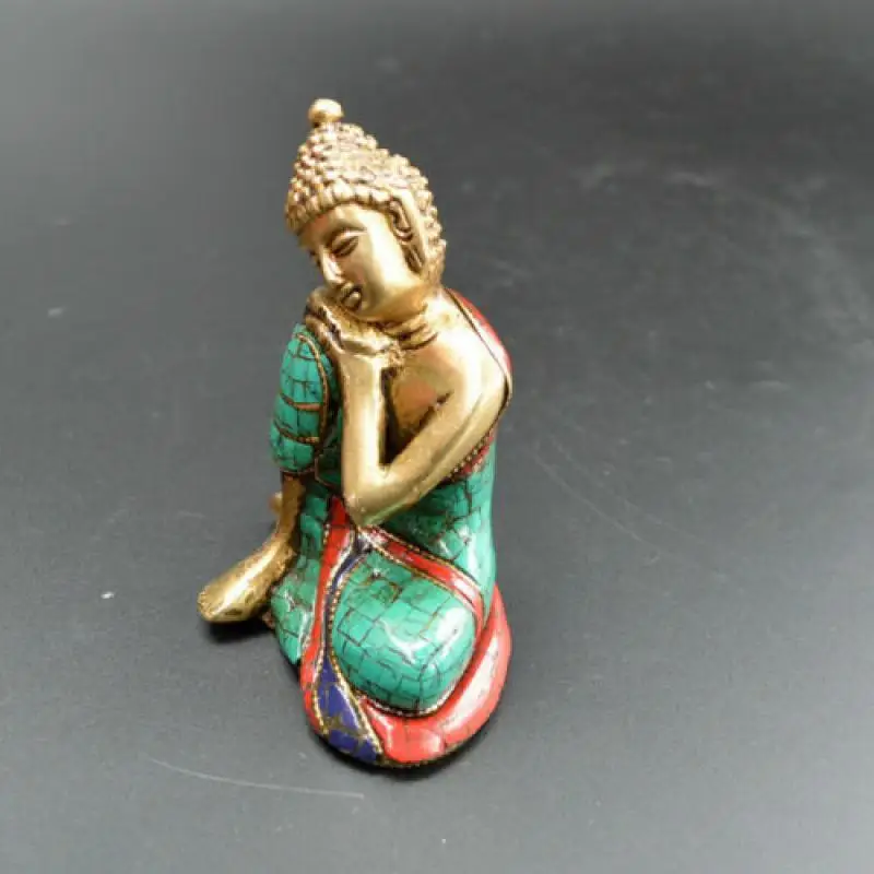 old bronze Classic Turquoise inlaid stone Buddha statue of Sakyamuni Buddha Collectible
