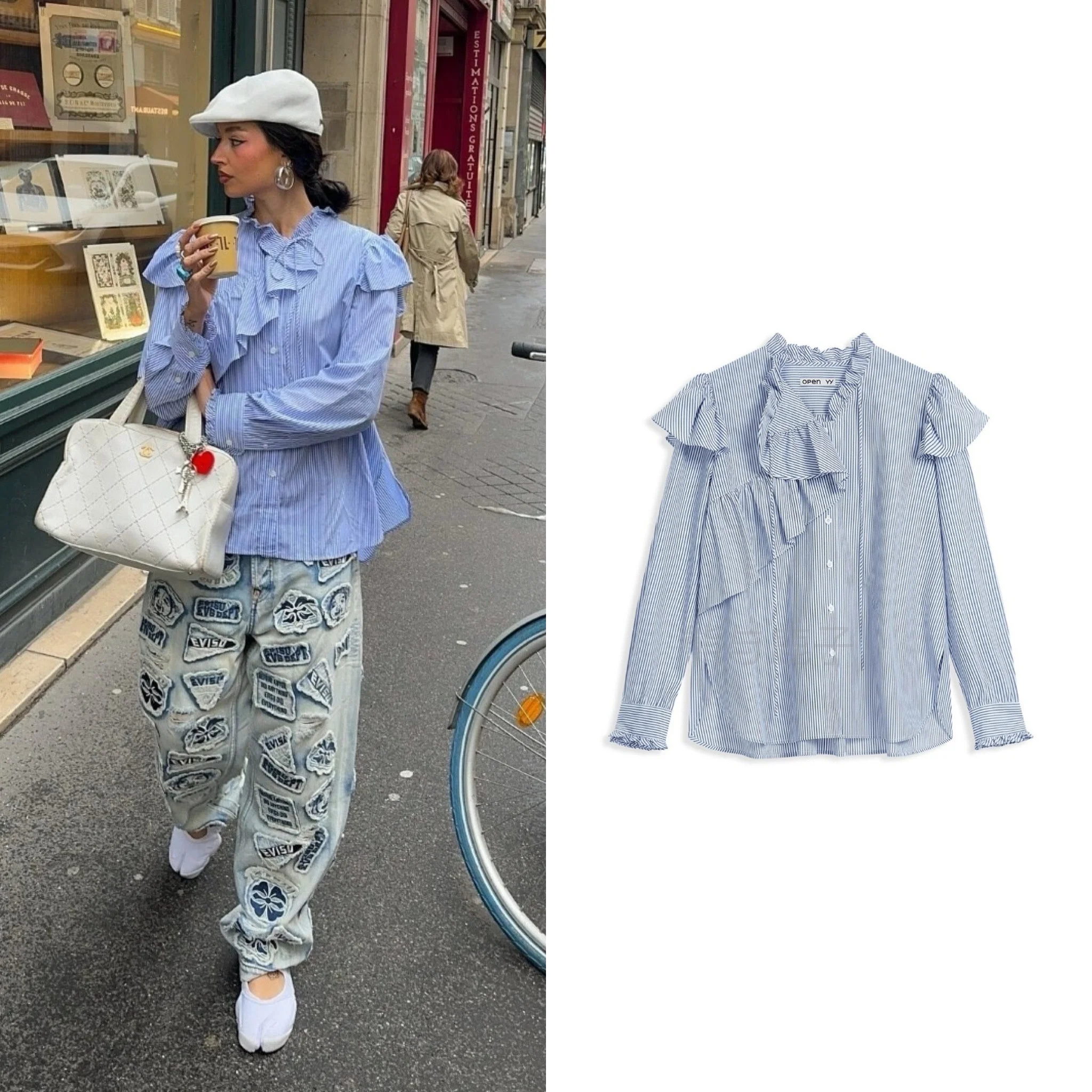 

Loose Women's irt Floral Lace Hem Asymmetrical Striped Pleated Cotton Long Sve French Sle Faion Autumn Season