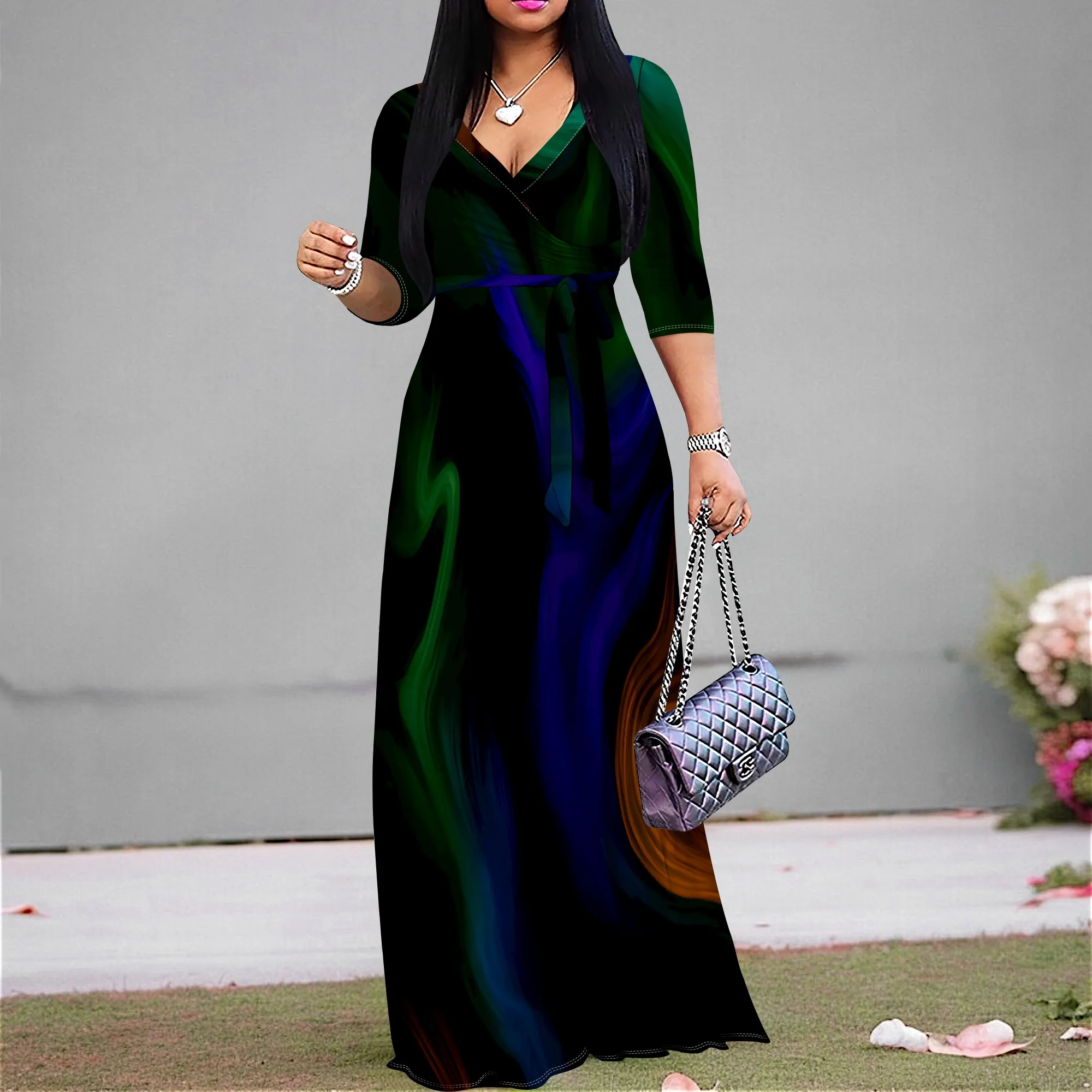 

Dark Swirl Print Wrap Maxi Dress S‑3XL V‑Neck 3/4 Sleeve Belted Style for Art Show, Elegant Dinner or Cultural Festival Look