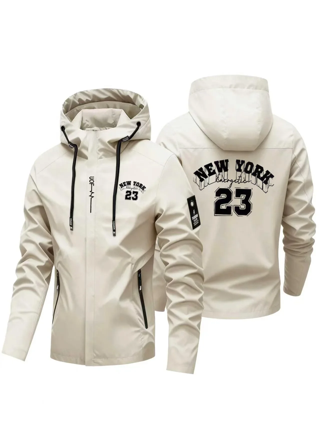 Men Hooded Windbreaker Jacket New York 23 Print Orange Zipper Pocket Windproof Waterproof Outdoor Sports Coat Spring Autumn Casu