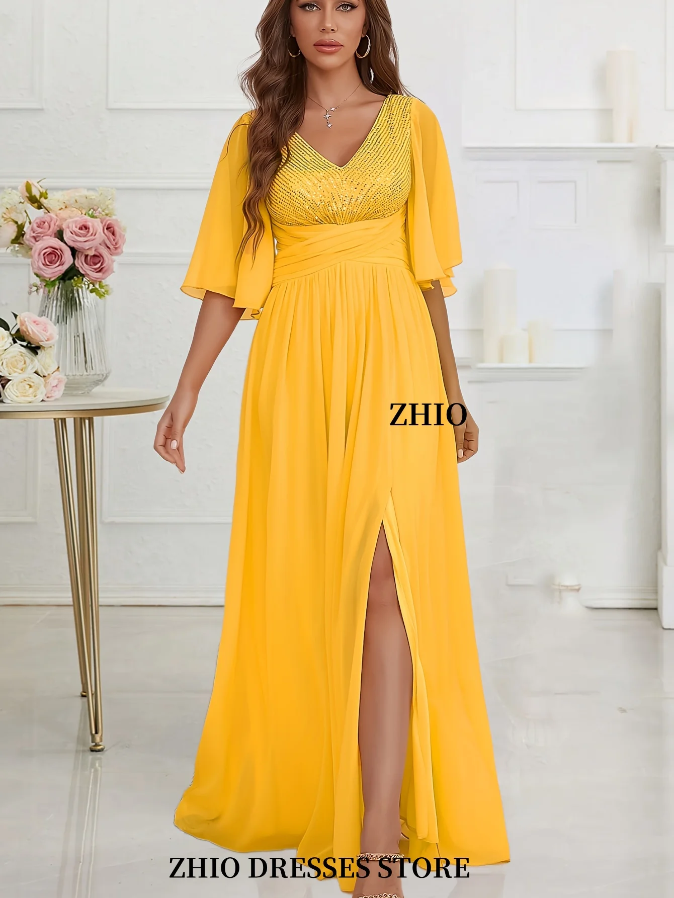 ZHIO أنيقة الأصفر الخامس الرقبة لامعة مطوي قصيرة الأكمام تنورة طويلة مع فجوة عالية الشيفون فستان سهرة رسمي عند الخصر مخصص