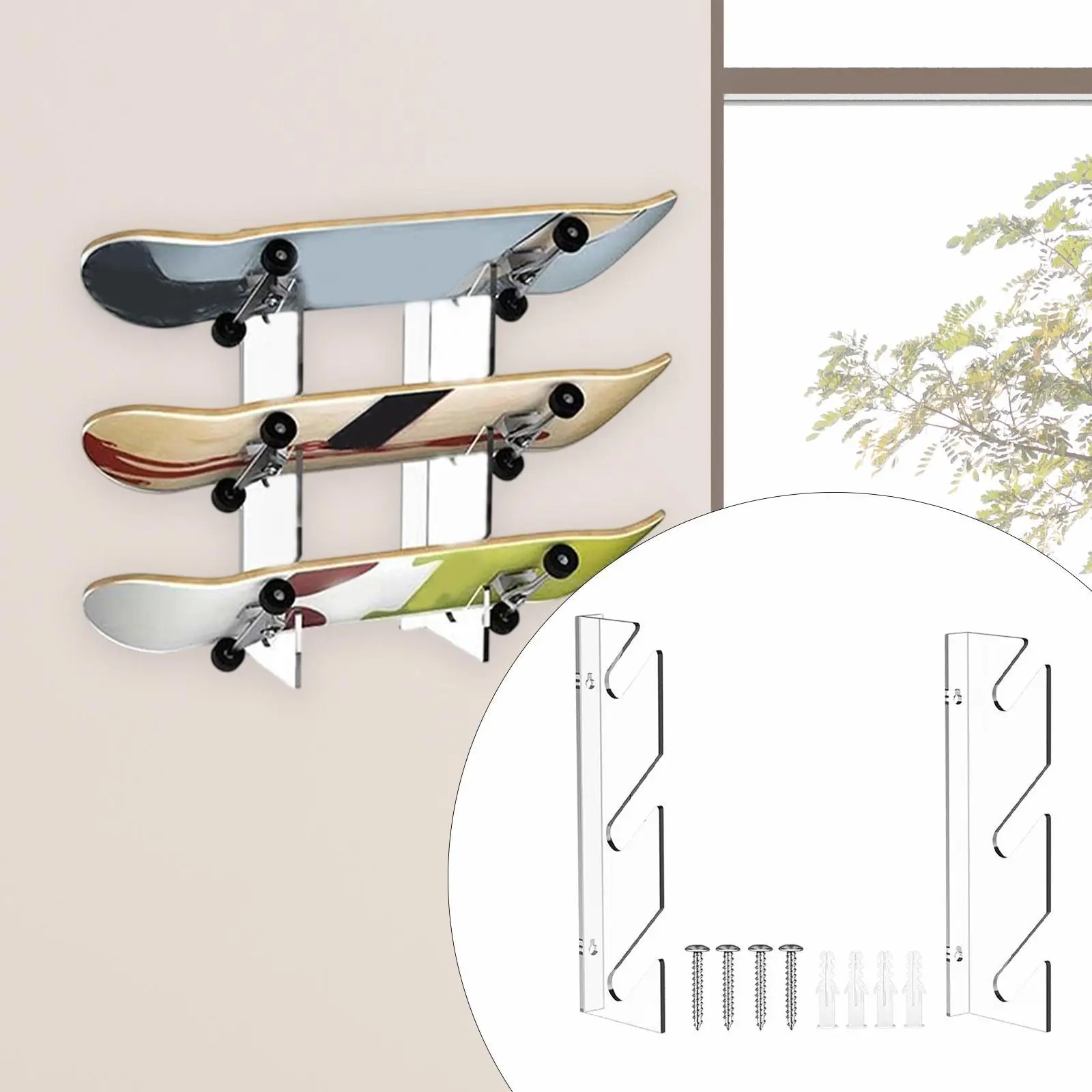 Acrylic Skateboard Display Rack Wall Mounted Shelf Decor with Hangers Holder Horizontal Storage Bracket for Garage Snowboard