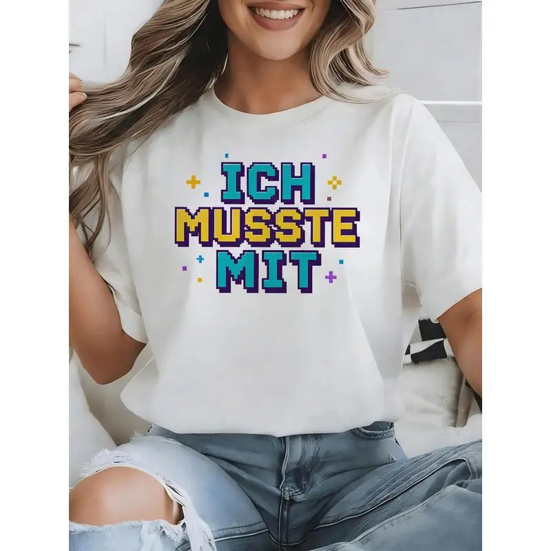 Ich Musste Mit German Meme T-Shirt Retro Pixel Gaming Font Funny Statement Casual White Tee
