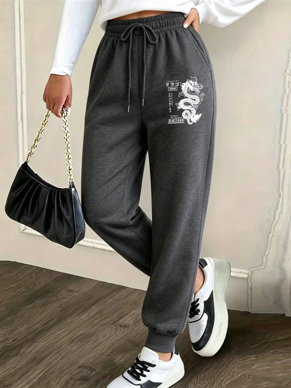 Vintage Japanese Dragon Printed Sweatpants Women Basics Fleece Warm Jogger Pants Casual Pocket Trousers Winter Loose Clothes
