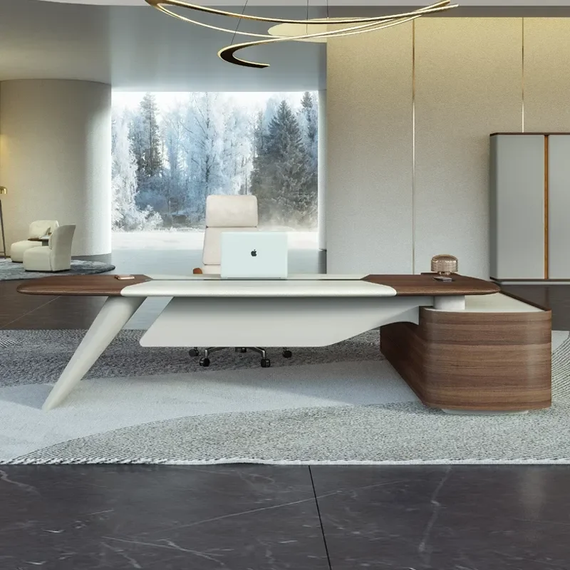 Italian Light Luxury Executive Desk and Chair Set High End Minimalist Office Furniture with LED Light Strip for CEO Manager