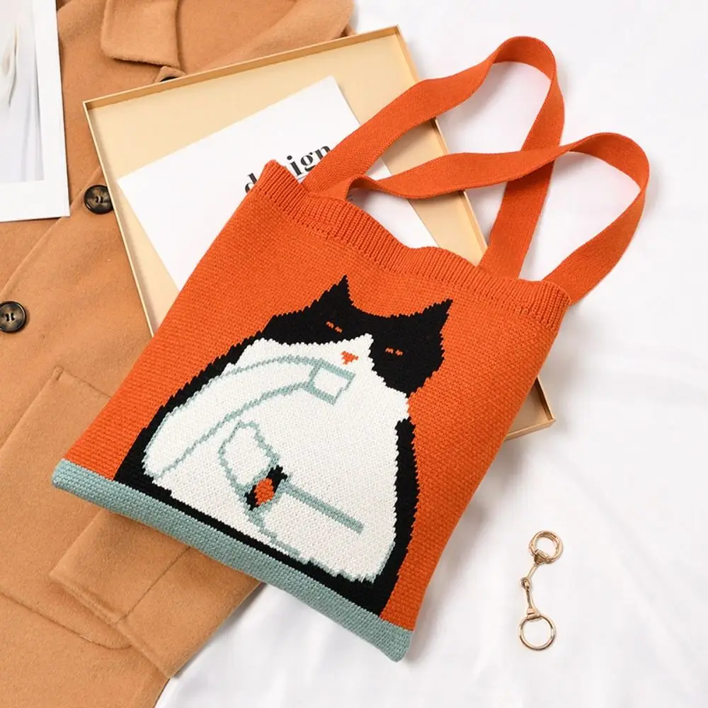 Cartoon Shopping Bags Niche Design Women Girls Knit Handbag Knot Wrist Bag Tote Bag Handmade