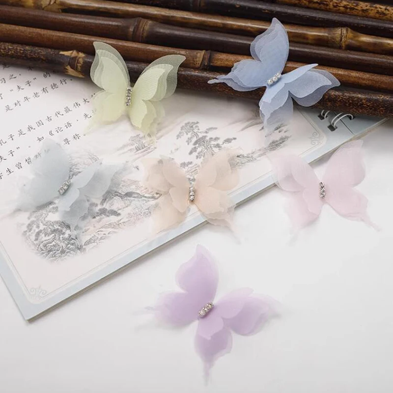 10 Pcs Three Layer Diamond Three-Dimensional Chiffon Butterfly Cloth Sticker DIY Hair Accessories Clothing Accessories