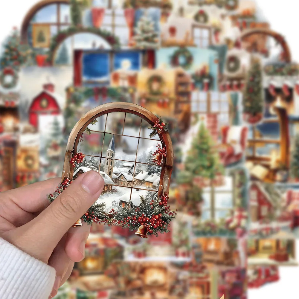 50PCS Creative Christmas Watercolor Scene Stickers Tags Diary Refrigerator Bottle Phone Case Aesthetic Personalized Stickers