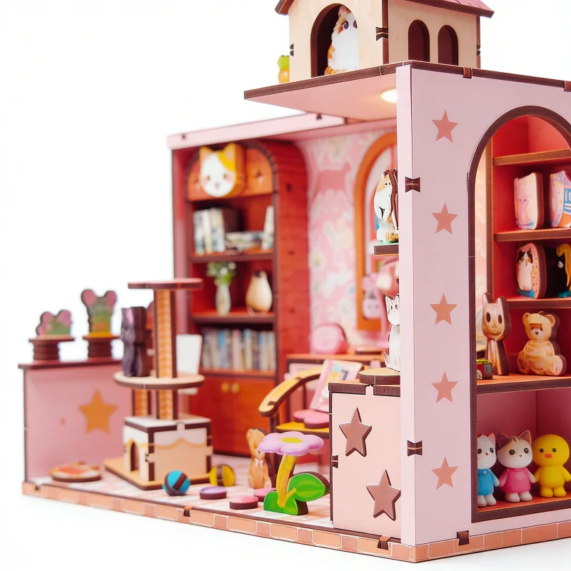 OUZEY Kitten Cottage miniatura DIY, rompecabezas de madera 3D y rincón de libros, lindo regalo de decoración de habitación para niñas adolescentes