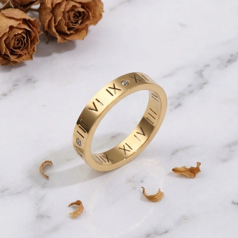 Stainless Steel Plated with 18K Gold, Hollow Roman Numerals Inlaid with Rhinestones, Summer Design Versatile Women's Daily Hand Jewelry