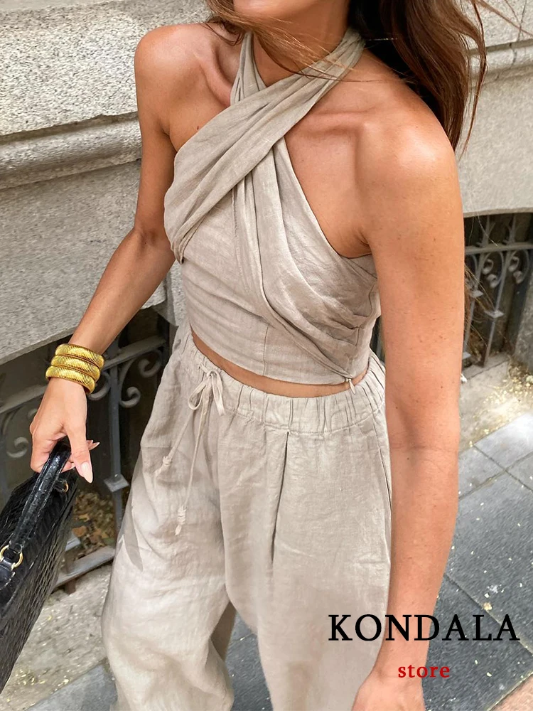 KONDALA Streetwear Khaki Linen Suits Women Sleeveless Halter Sexy Crop Tops Women+High Waist Wide Leg Pants Fashion 2023 Sets