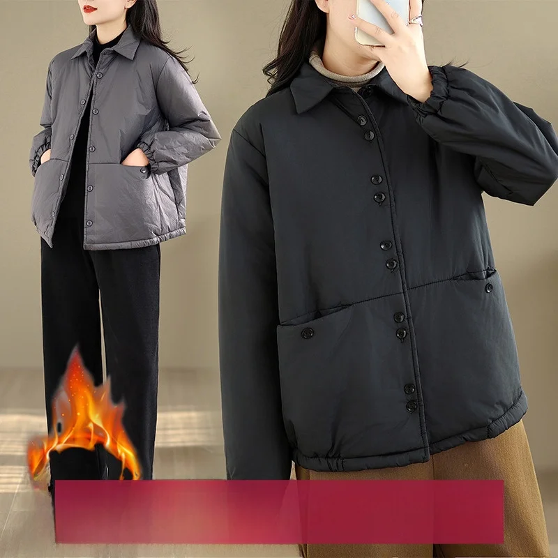 

Loose Casual Collar Pure Color Splicing Cotton Jaet Women's Single Button Coat Sli Agel Commute Thiened Long Sve