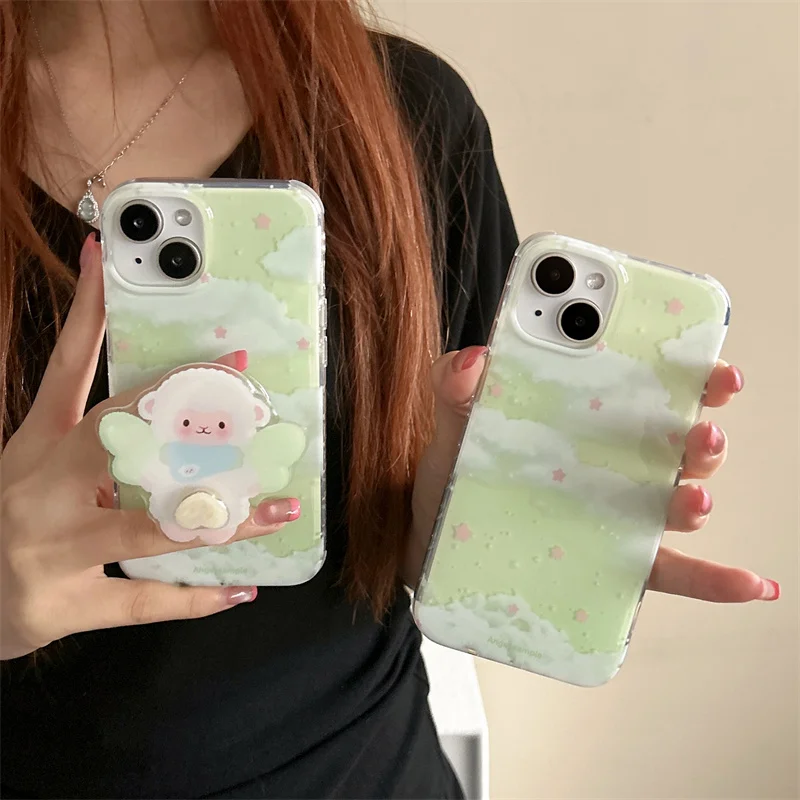 لطيف الأغنام حامل جراب هاتف آيفون 16 برو 15 14 13 برو ماكس غطاء الصيف الأبيض سحابة المراعي الحب الحدود للصدمات