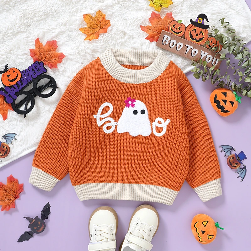 

Suefunskry Baby Halloween Sweaters Long Sleeve Round Neck Ghost/Letter Embroidery Knitted Pullovers Autumn Winter Warm Tops