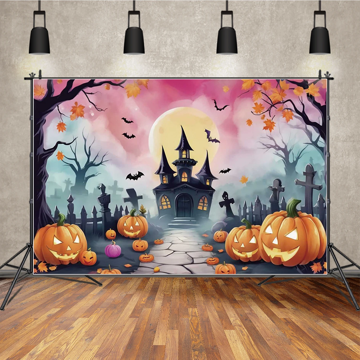 

MOON.QG Pumpkin Castle Halloween Backgrounds For Photographs Cemetery Gravestone Poster Backdrop Shooting Photocall Studio Party