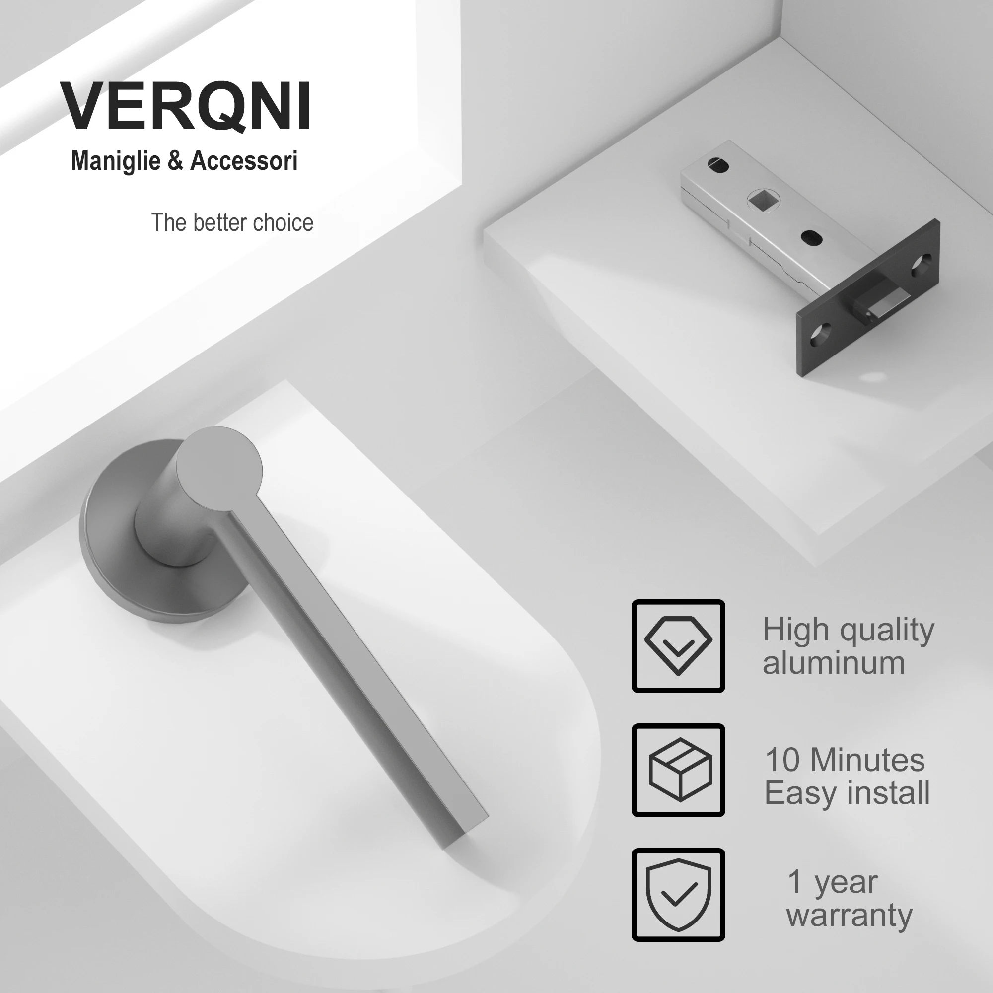 VERQNI MANIGLIE & ACCESSORI HRAG-238 Modern Matte Dark Grey Mute Aluminium Lever Door Handle Lock Set Interior Main Door