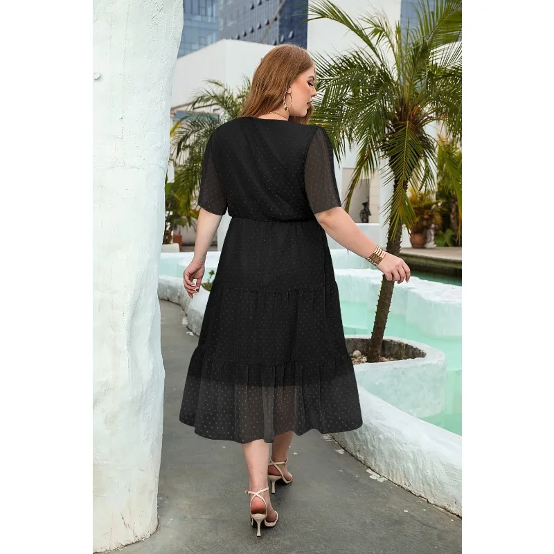 XL-4XL Plus Size Dresses for Women Clothing 2023 Summer Short Sleeve V Neck Chiffon Dot Loose Elegant Casual Beach Long Dress