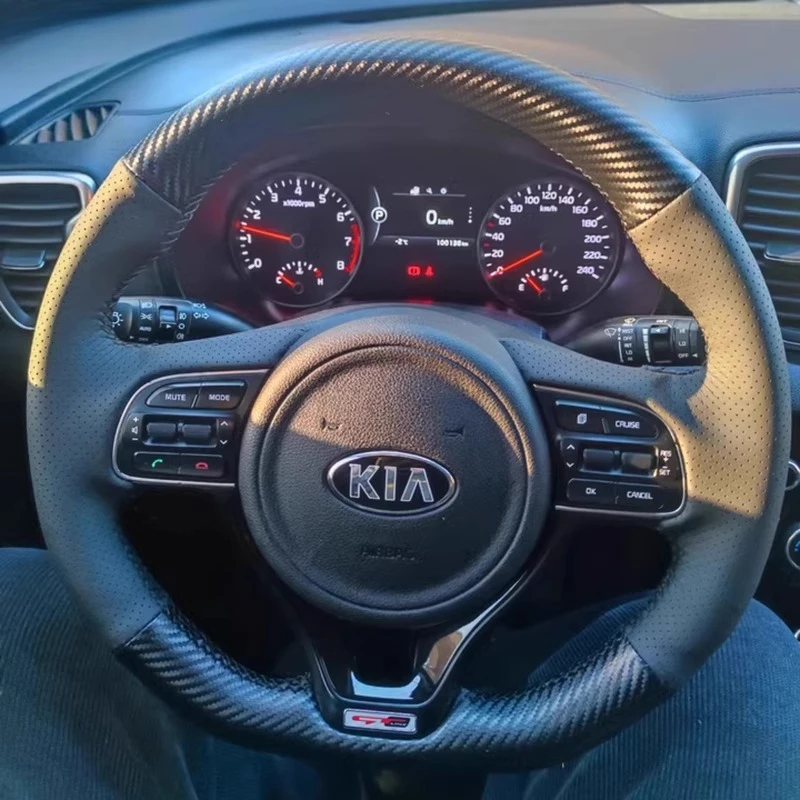 For Kia Sportage KX5 2016-2019 K5 Optima 2016-2018 Hand-stitched Non-slip Genuine Leather Carbon Fiber Car Steering Wheel Cover view 3