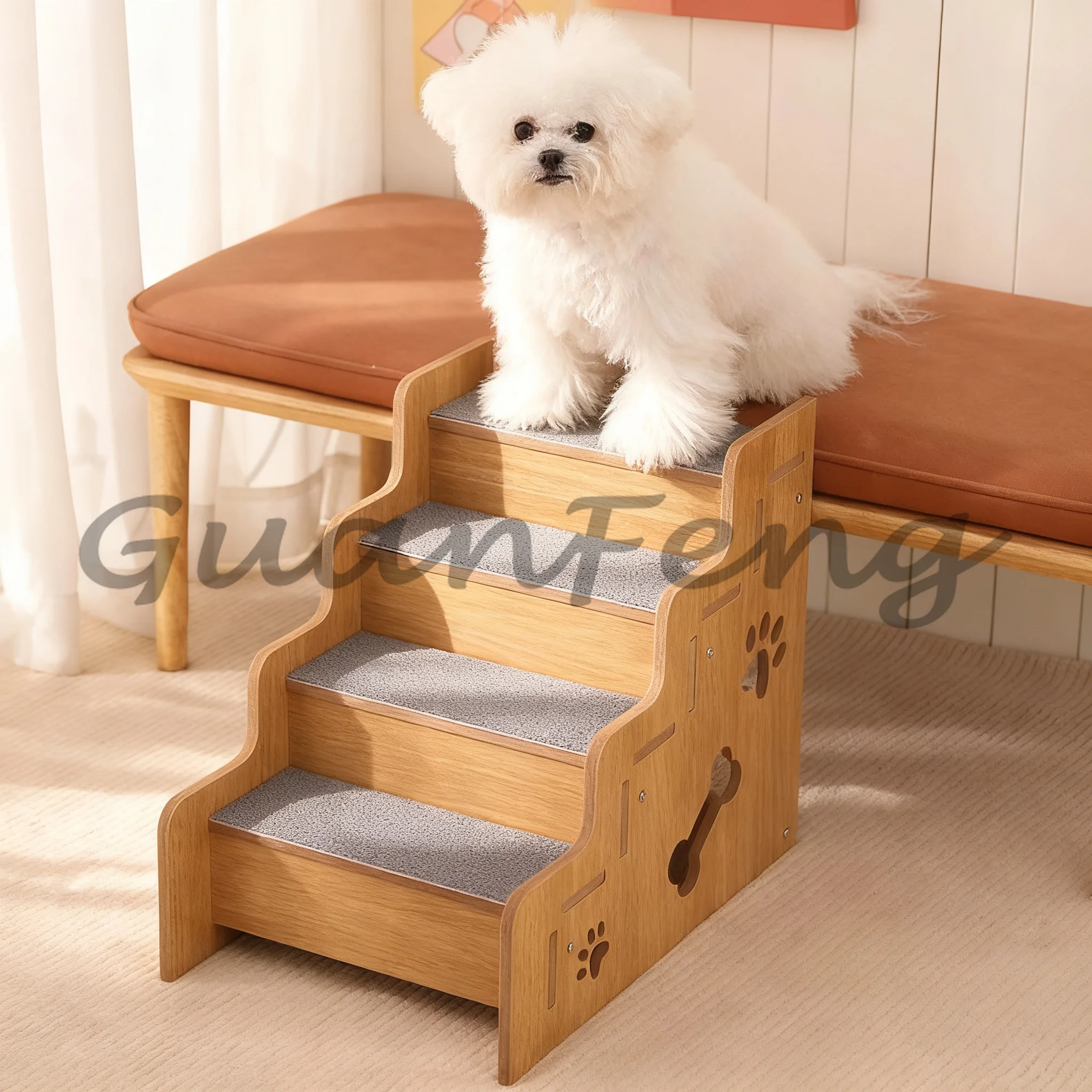 Wooden Pet Dog Stairs, Portable Lightweight Non-Slip Sloped Steps, Pet Ramp for High Bed, Sofa & Bedroom Furniture