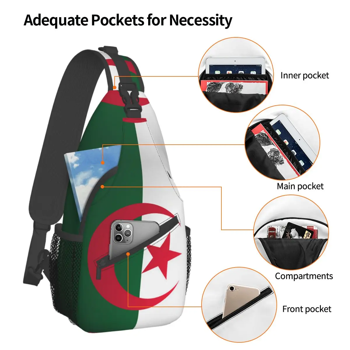 Algeria Flag Crossbody Sling Bag Small Chest Bag Shoulder Backpack Daypack for Hiking Travel Travel Satchel