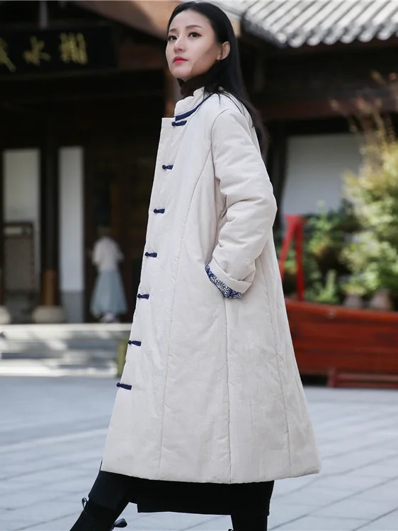 

Thiened Cotton Jaet Women's Winter New Sle Retro Chinese Sle Button Loose Warm Mid-Length Windbreaker Cotton Padded