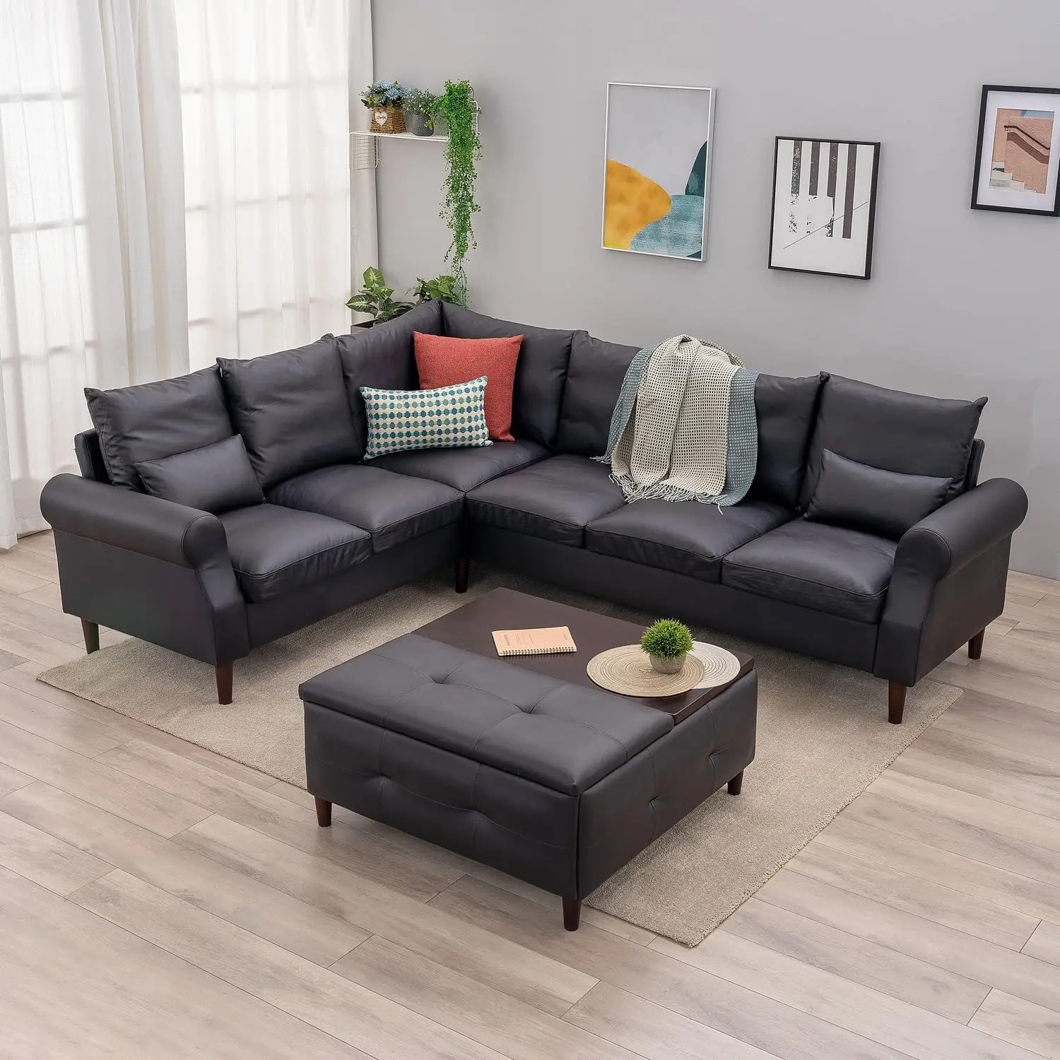 Panana 6-zits L-Vorm Hoek Gestoffeerde Bank Bank Kunstleer L-Vormige Hoek Sectionele Loveseat Ottomaanse Moderne