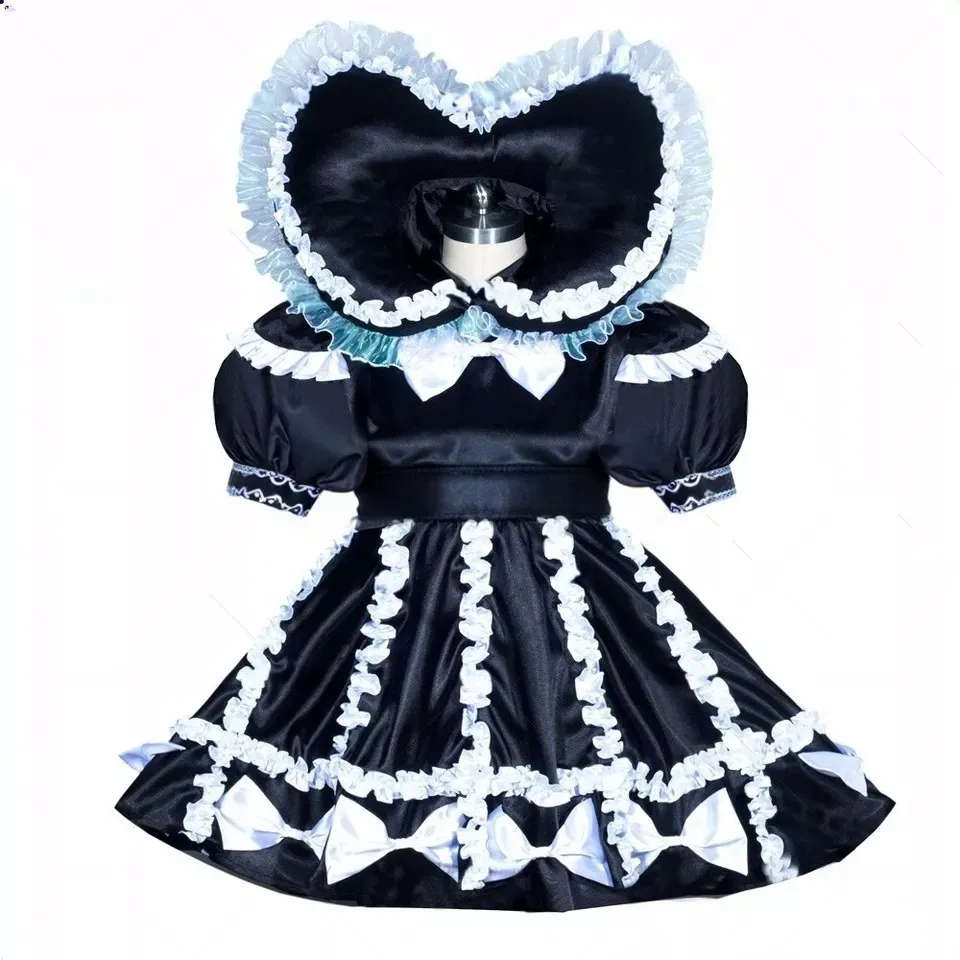 Sexy girl Sissy black satin lockable dress maid cosplay costume Halloween party customizable