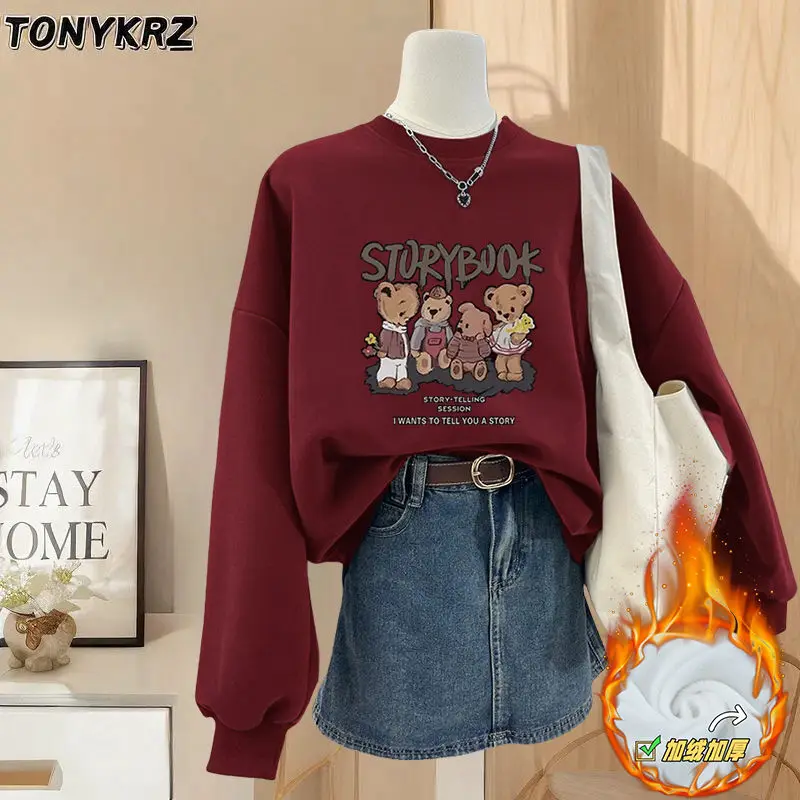 Round Neck Hoodie for Women Trendy with Loose Velvet and Hong Kong Style Retro Chic Top