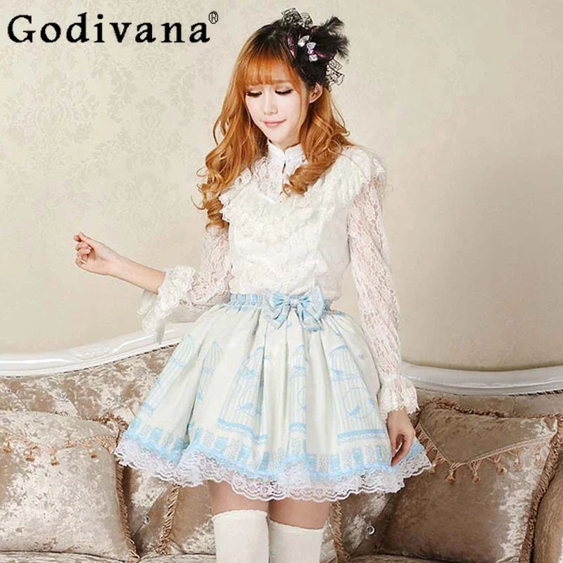 

Original Japanese Lolita Sweet Princess Skirt Loli Autumn Elegant Fashion Printed Lace Splicing Short Skirt Mini Pleated Skirt