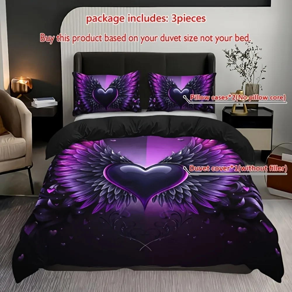 3pcs Black Purple Bedding Set Love Heart Wing Print Cozy Duvet Cover Set King Queen Twin Single Size Birthday Gift Bedroom Decor