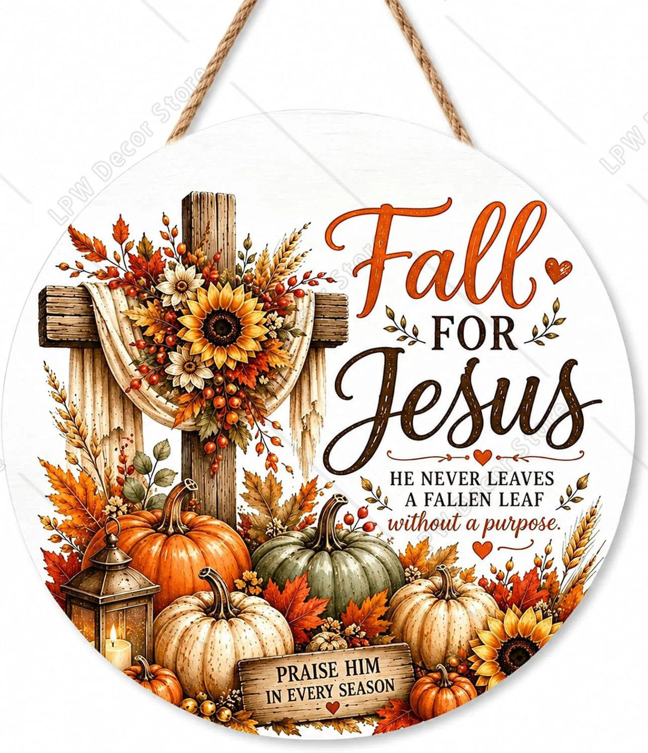 Fall for Jesus Round Wooden Door Hanger, Christian Autumn Pumpkin Sunflower Cross Wreath Sign Religious Wall Hanging