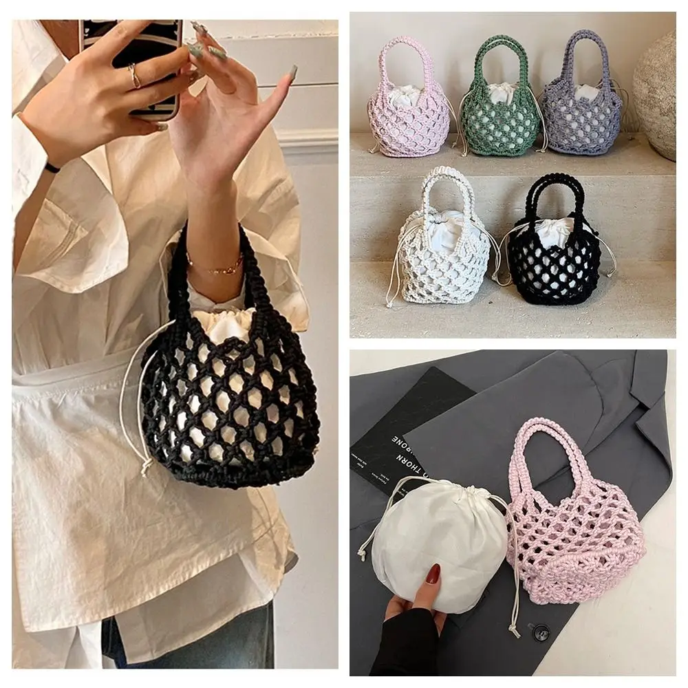 

Portable Mini Bucket Bag Knitted Bag Bohemian Large Capacity Crochet Tote Bag Hollowed Out Storage Bag Beach Bag Vacation