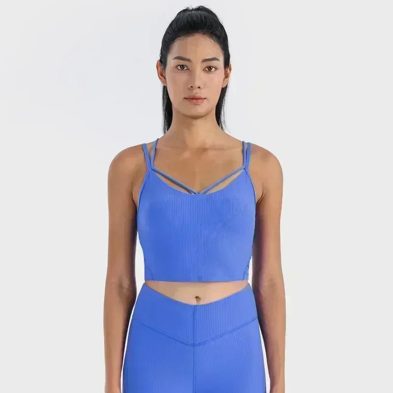 Lemon Align Vrouwen Strappy Tank Yoga Sportvest Met Borstkussen Sexy Dunne Riem Geribbelde Hoge Elastische Running Sport Sling Bh