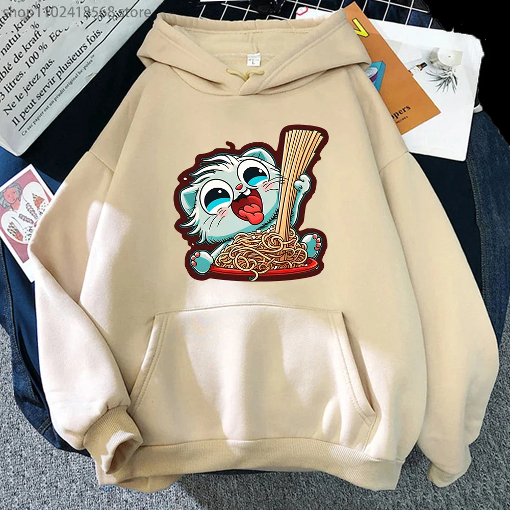 Cat Eating Spaghetti Hoodies Women  Kawaii Animal Graphic Clothes Cartoon Sweatshirt Spring Autumn Casual O-neck Soft Streetwear