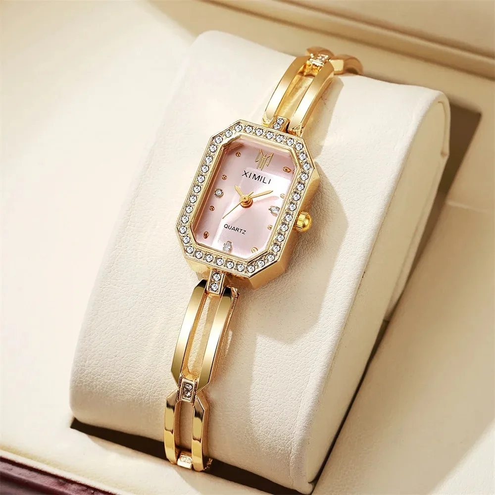 Luxe Strass Vrouwen Horloges Elegante Rechthoek Roestvrij Staal Gouden Armband Dames Quartz Horloge (Zonder Doos)