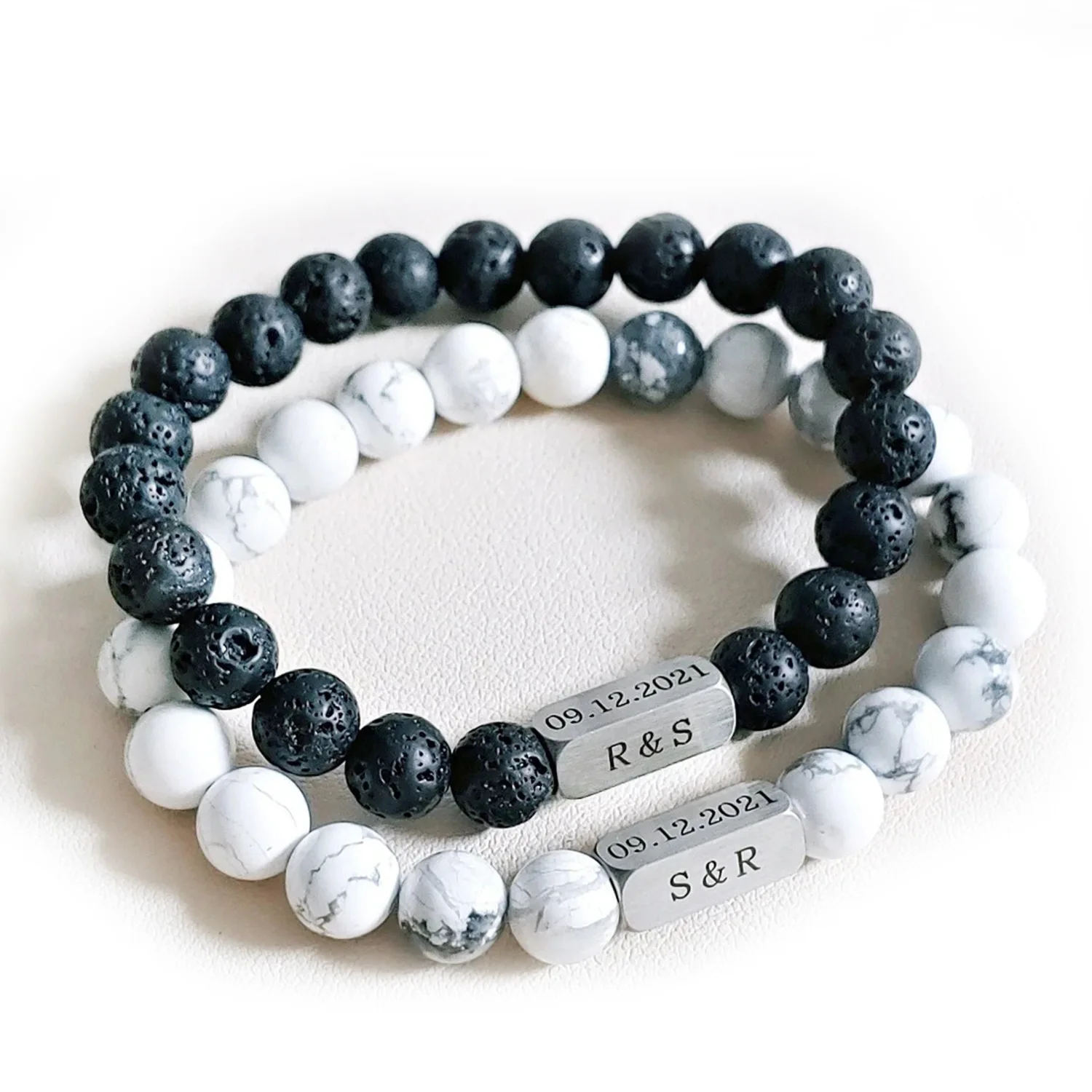 

FTCY Engraving Letter Beaded Bracelet for Men Stainless Steel Volcanic Stone Frosted Beads White Turquoise Bangle Couple Gift