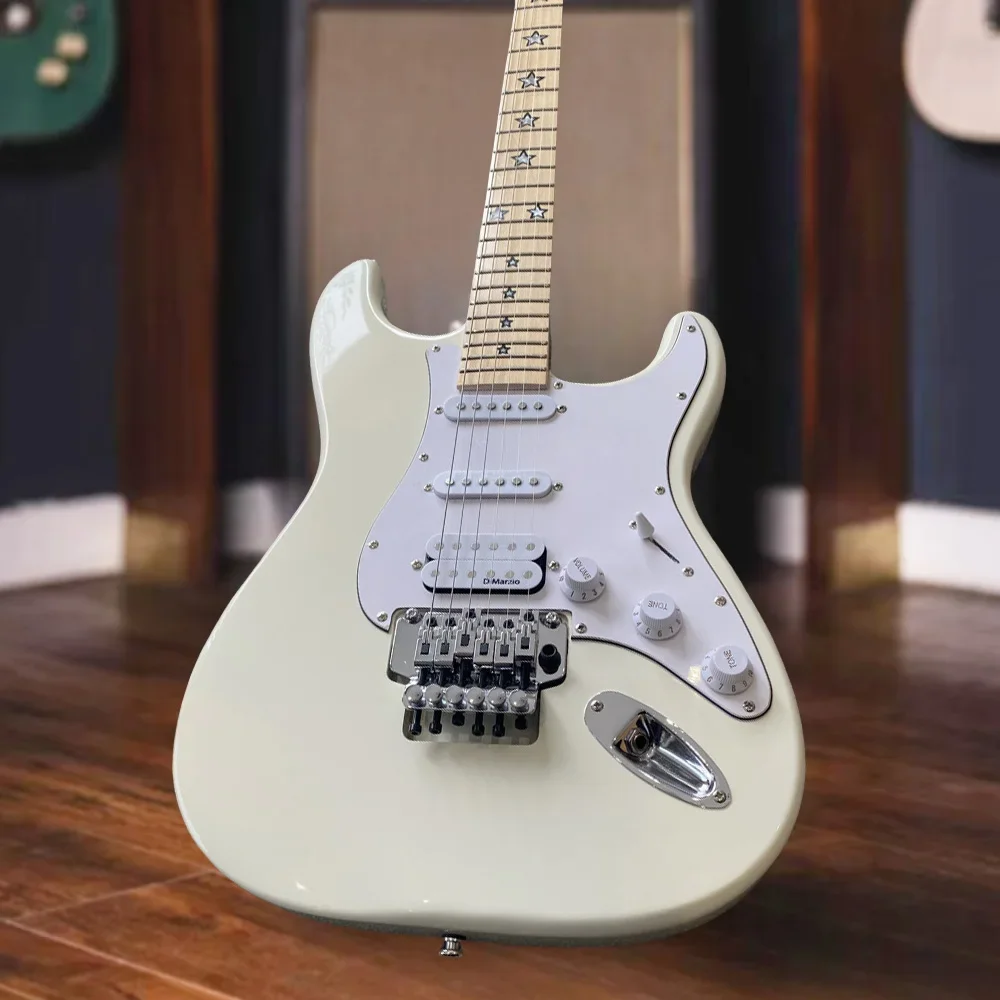 

Free Shipping Classic White ST 6-string Electric Guitar SSH Pickup Maple Sandwich Neck with Stars White Guard