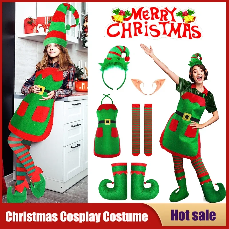 2025 NewWomen's Christmas Costume Elf Ear Apron Dress Hat Shoes Striped Stockings Cosplay Outfits Carnival Party performance AA